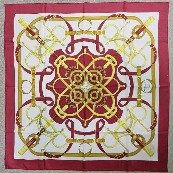 Authentic HERMES "EPERON D'OR" Cherry Red 100% Silk Scarf - Picture 1 of 8